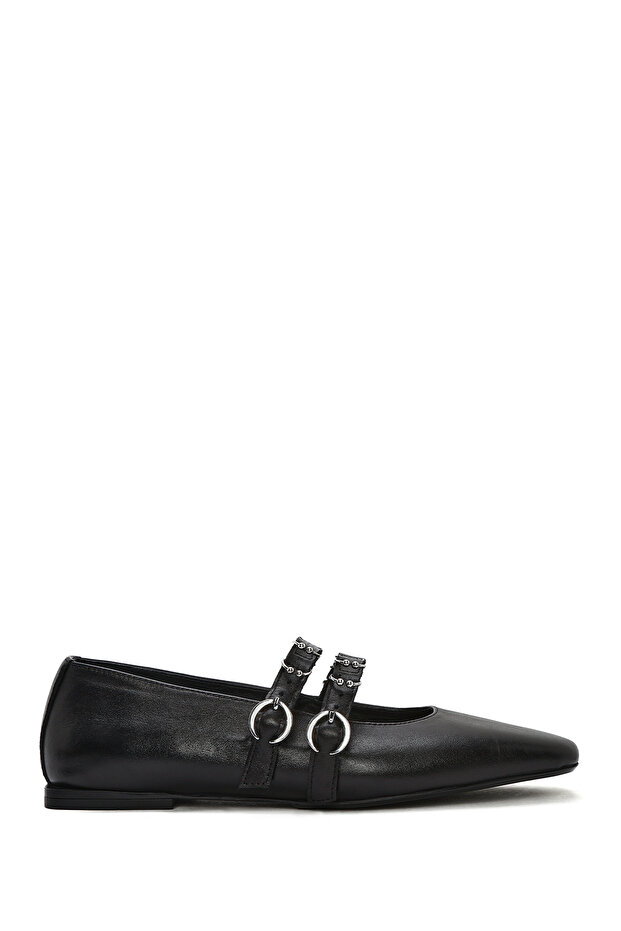 Women's Black Double Buckle Leather Ballerinas 26Pfd270018