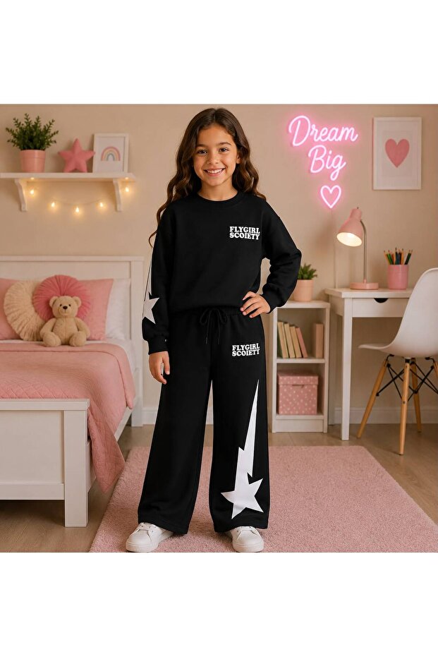Girl's 100% Cotton Black Color Star Patterned Long Sleeve Winter Tracksuit Set