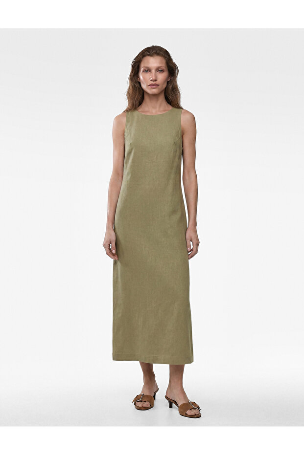 Viscose Fabric Round Neckline Window Detail Backless Sleeveless Long Dress