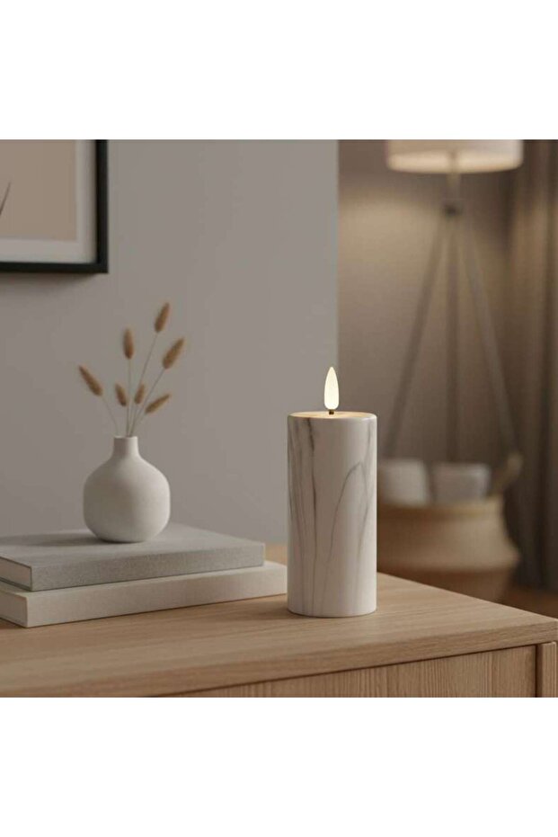 Marbella Led Marbled Pillar Candle Dia7x12.5cm - White