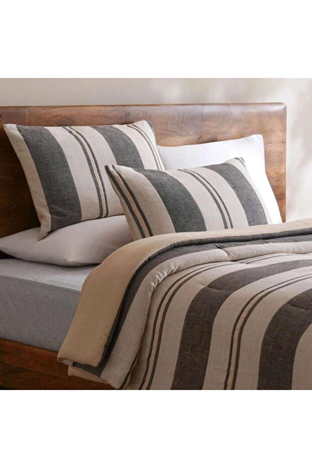 Sanctuary Linen Farmhouse Stripe 3-piece King Comforter Set 240x260cm - Anthracite