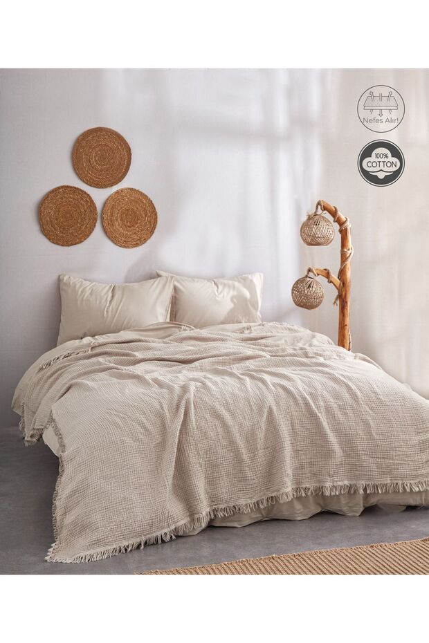 Soft Brown 4 Layer Muslin 100% Pure Cotton Pique - Bedspread - Tv Blanket