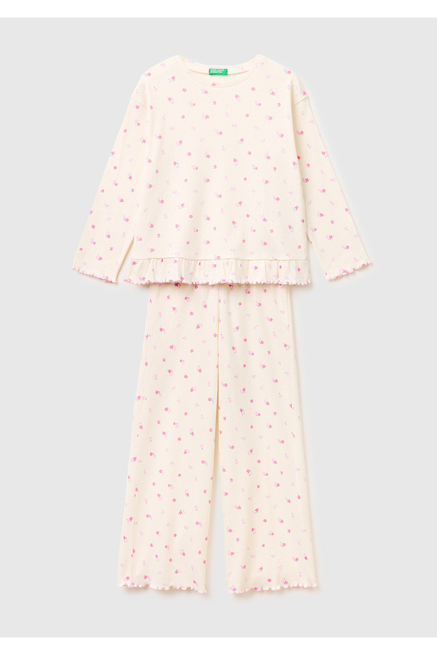 Girl's Mix Patterned Ruffle Detailed Long Sleeve Pajama Set
