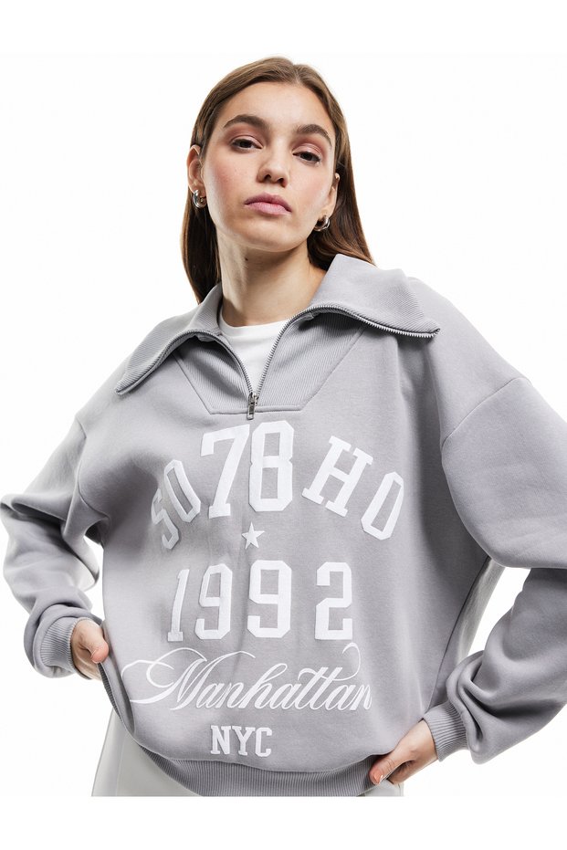 Printed Half Zipper Gray Women's Sweatshirt 6Wal10226Ik