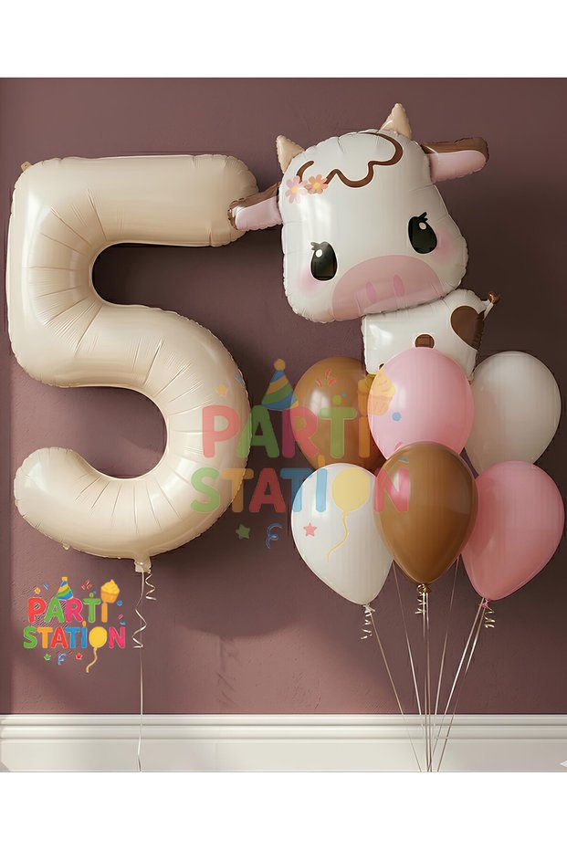 Safari Concept Cute Cow and Cream Color Number Balloon 1 Year Old Set Safari Cow Concept Birthday Balloon