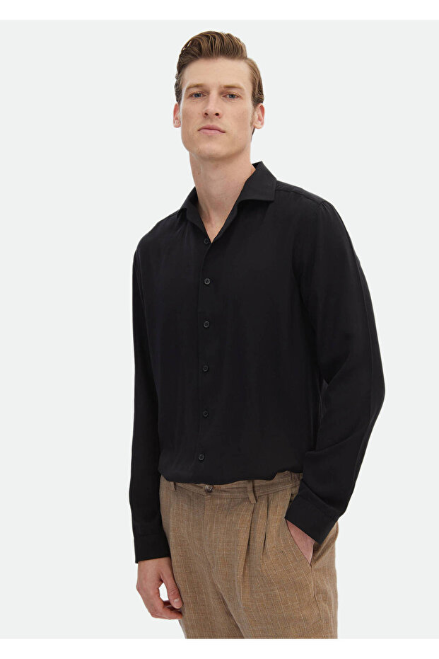 Black Plain Regular Fit Long Woven Casual Shirt