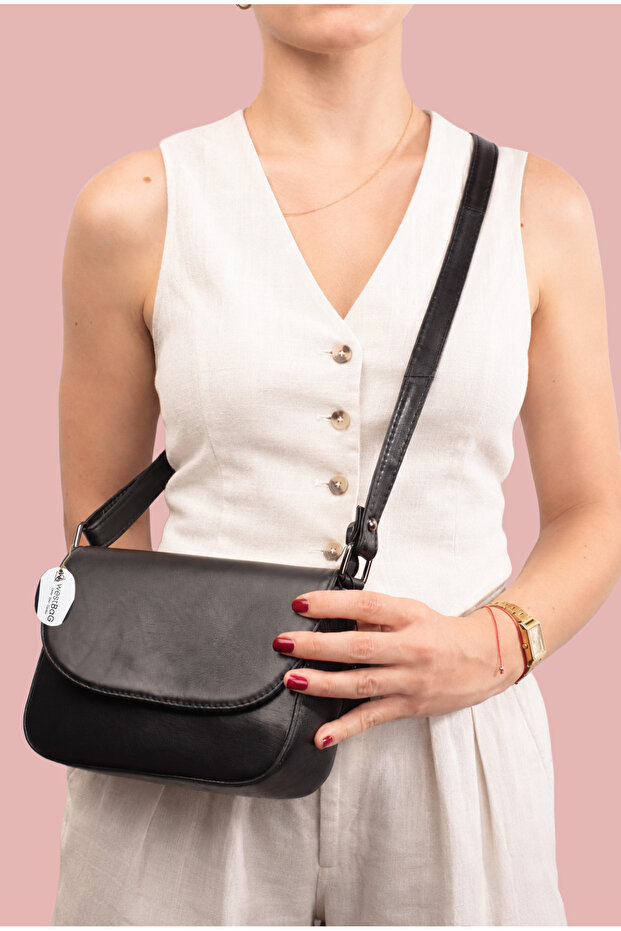 Women's Black Genuine Leather Mini Luxury Flap Shoulder Bag with Adjustable Strap