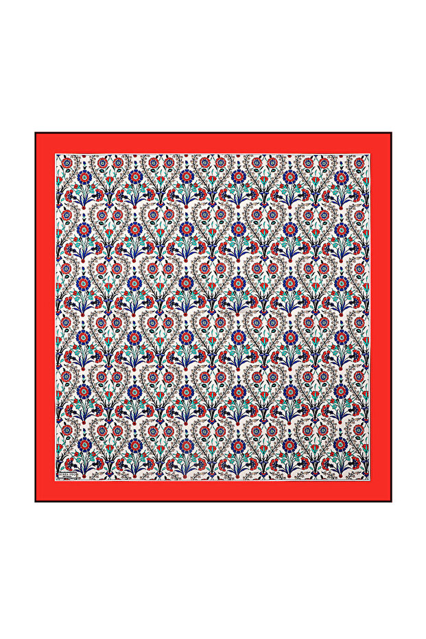 Red Side Pattern Silk Scarf - 1