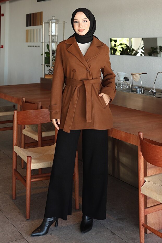 Button Detailed Cashmere Coat Brown 19274