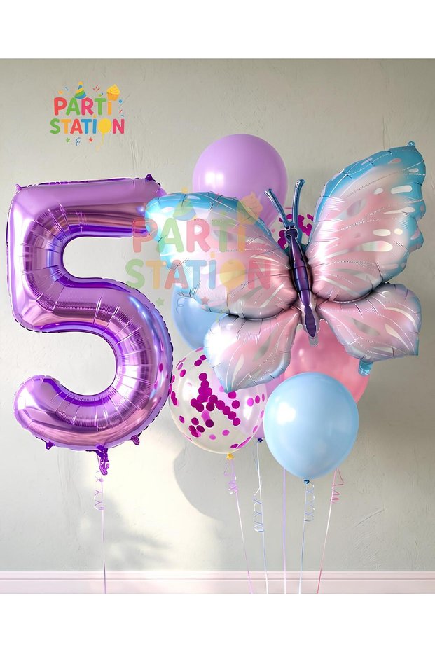 Blue Pink Butterfly 5 Years Old Purple Number Balloon Set Butterfly Concept Birthday Balloon Set