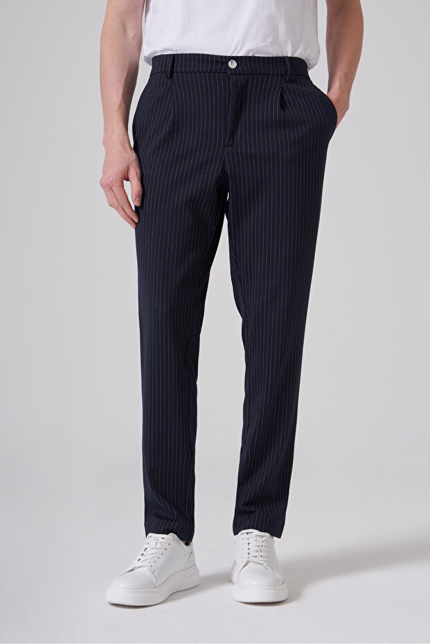 Men's Navy Blue Trendy Striped Slim Fit Trousers