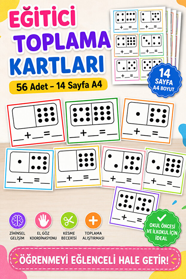 Educational Collection Cards 56 Pieces | 14 Sheets A4 | Preschool Montessori Math Activity | Number Recognition and Addition Card