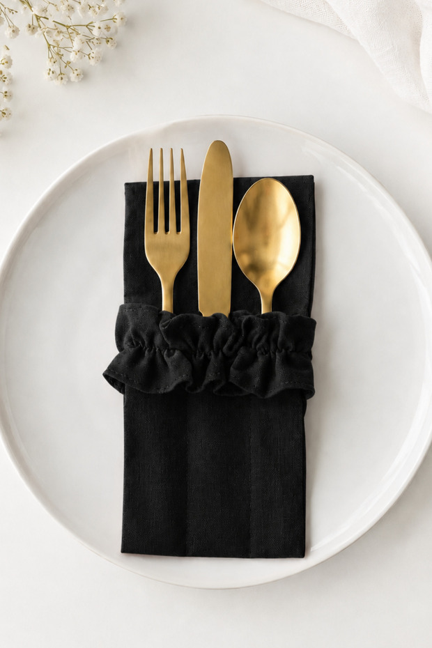 Set of 2 Black Linen Fabric 3-Compartment Spoon Holder / Fork-Spoon-Knife Case with Ruffle Detail