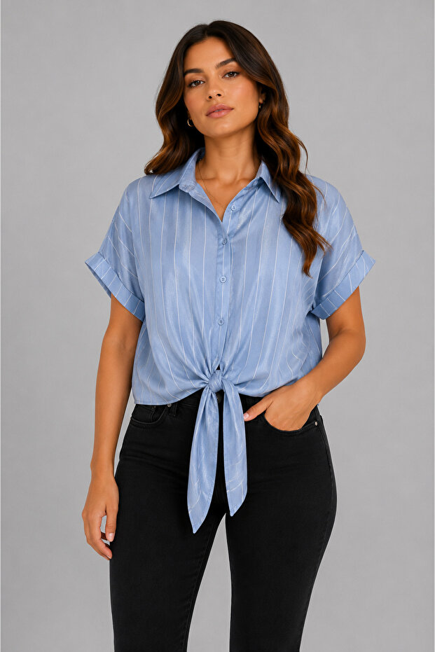 Women's Satin Look Striped Short Sleeve Shirt - Blue