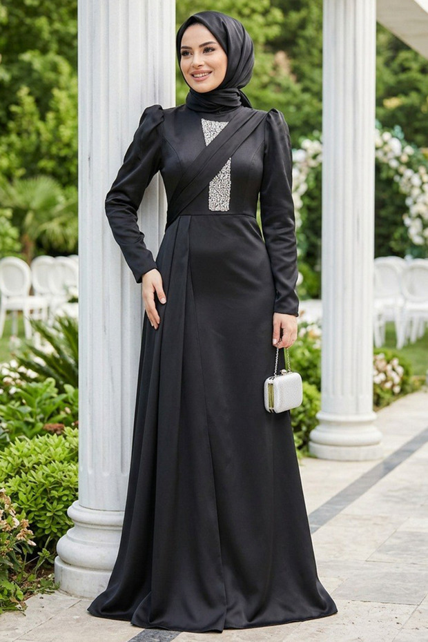 Black Satin Hijab Evening Dress with Tail 22891S
