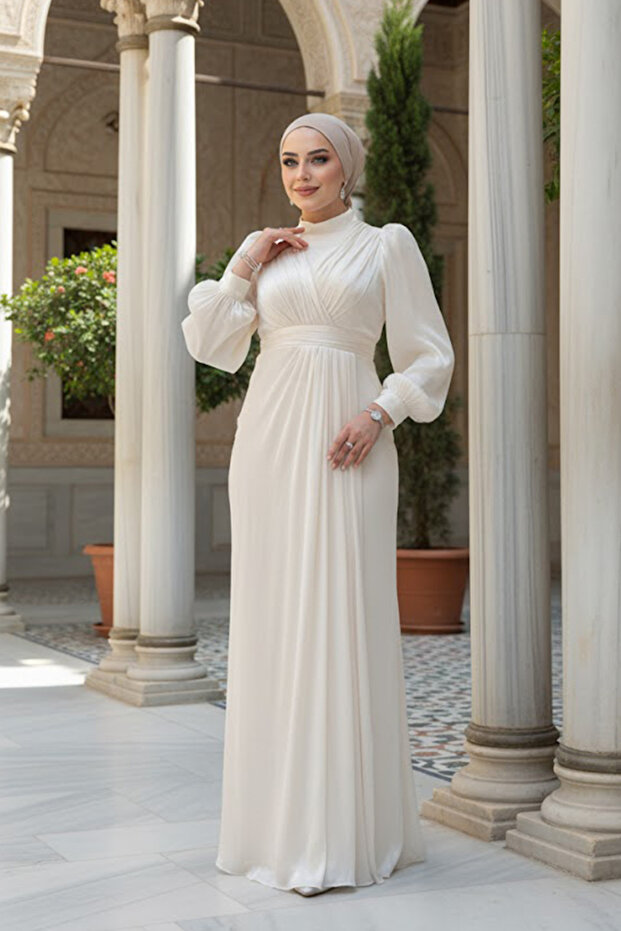 Drape Detailed Ecru Hijab Evening Dress 50921E