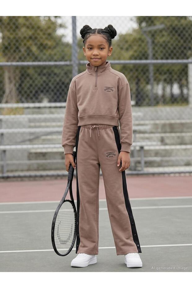 Kids Half-Zip Tracksuit Set for Ages 6-9 - Beige