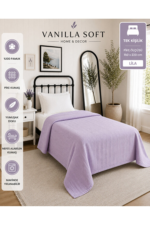 Vanilla Soft Single 100% Cotton Lilac Pique Bedspread 160 X 220 Bedspreed