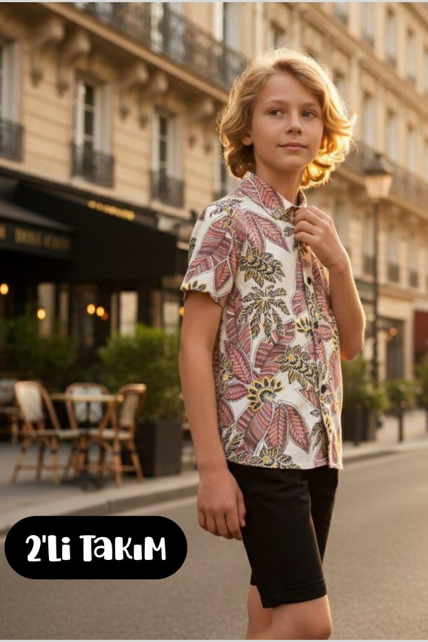 Boy's Patterned Shirt Black Denim Shorts Set of 2
