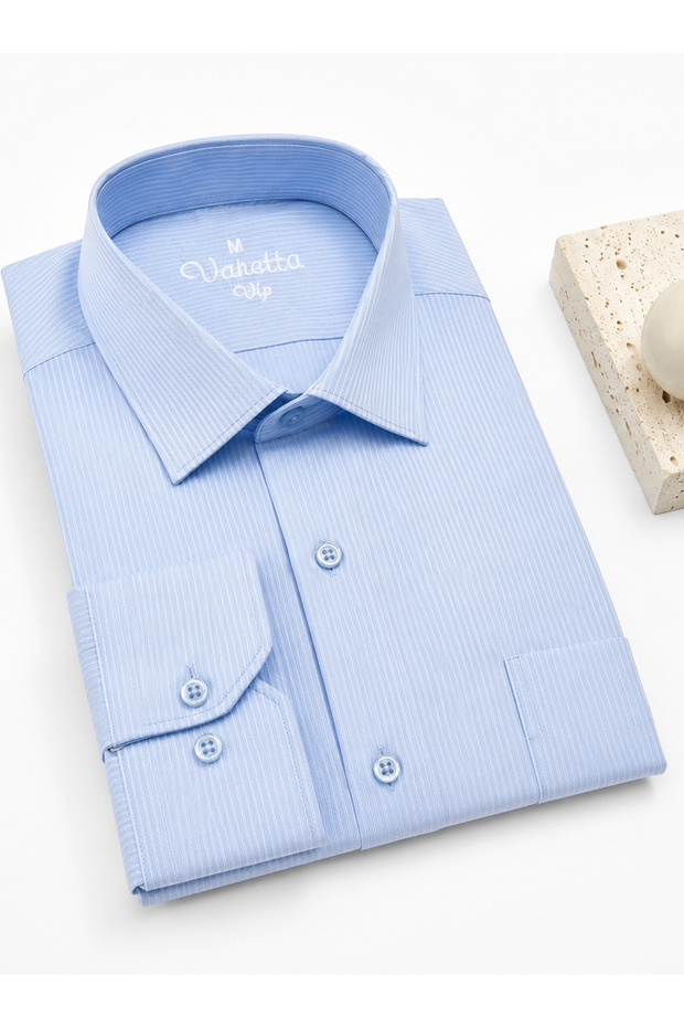 Men's Blue Shirt Long Sleeve Striped Cotton Striped Single Pocket Shirt