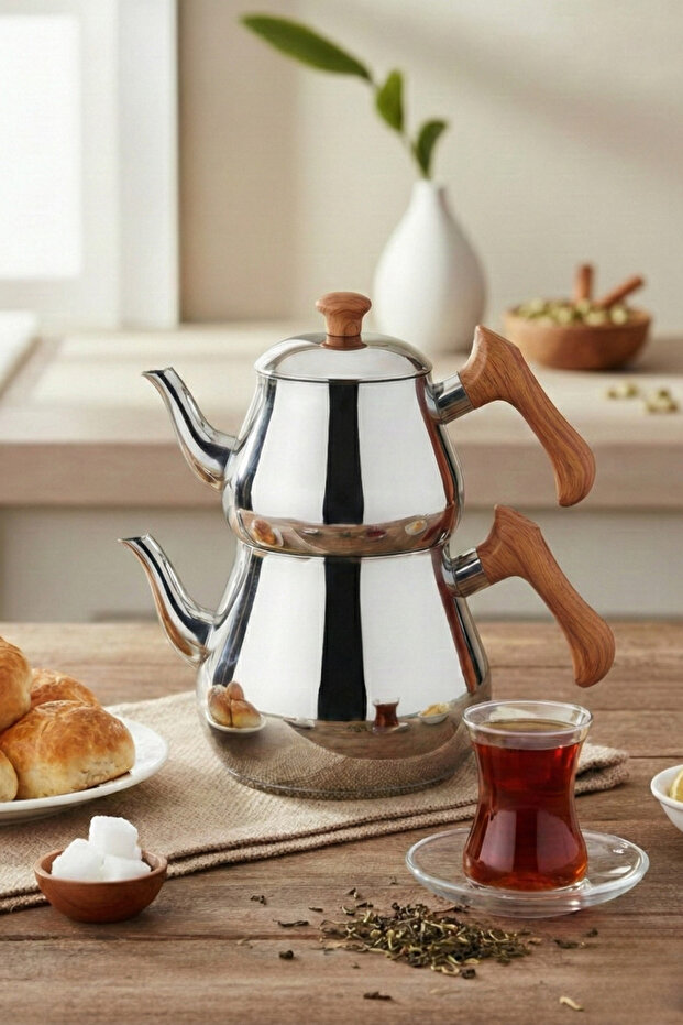 Pİramit Mini Çaydanlık Ahşap Süzgeçli - 1