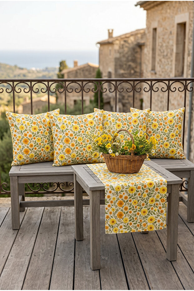 5 Piece Daisy Patterned Raschel Fabric Balcony Garden Cushion Runner Set (4 Cushions + 1 Runner)