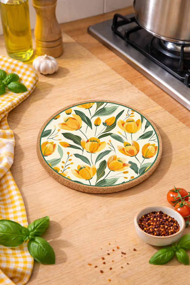 Yellow Floral Patterned Cork Trivet Pot Pan Mat 19cm Diameter 1cm Thickness