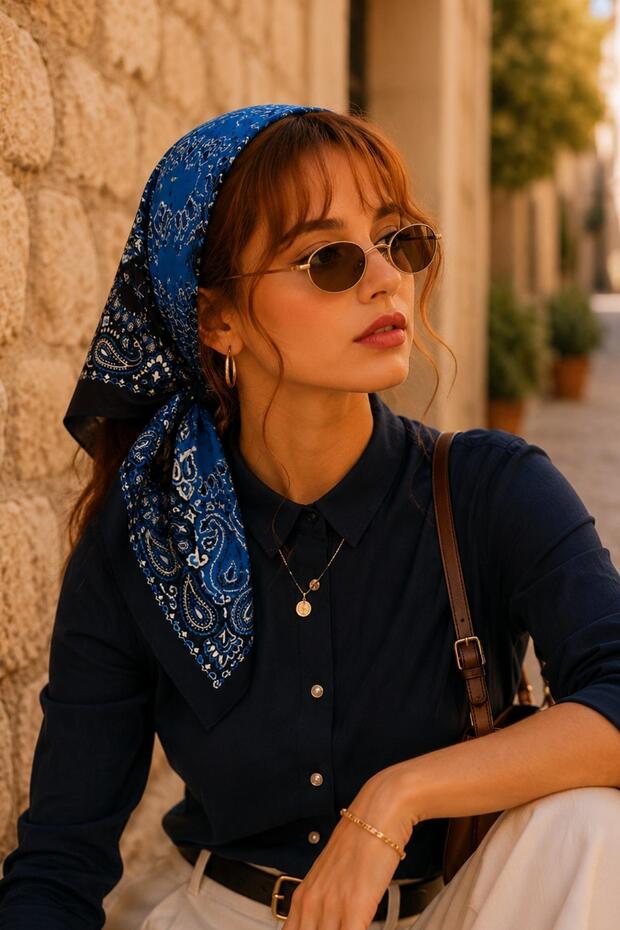 وشاح باندانا ناعم بلون أزرق ساكس بنمط مزدوج اللون مقاس 50x50 سم