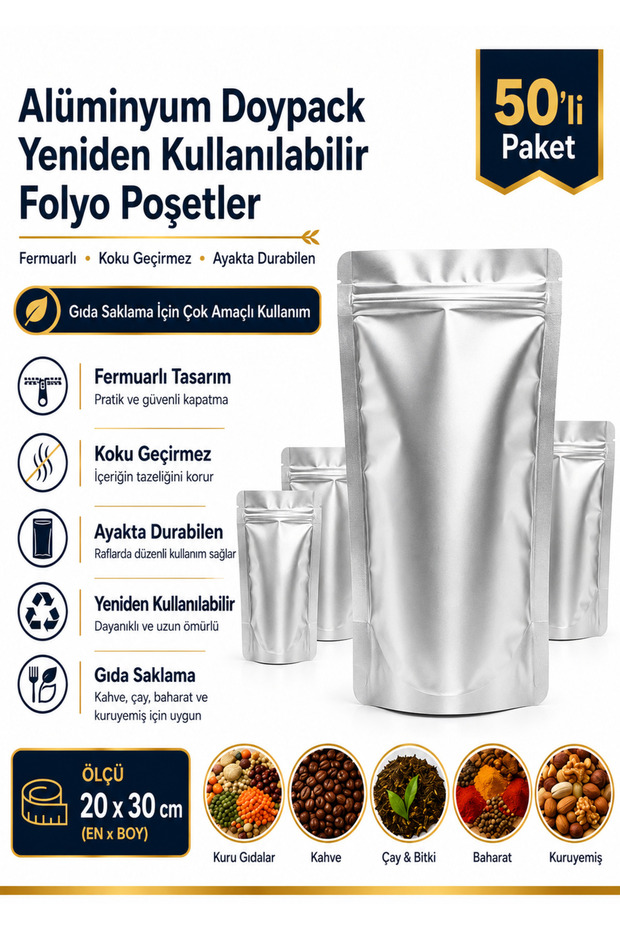 Aluminum Reusable Foil Packaging – 50-Piece Doypack, Odor-Proof, Stand-Up, Ziplock
