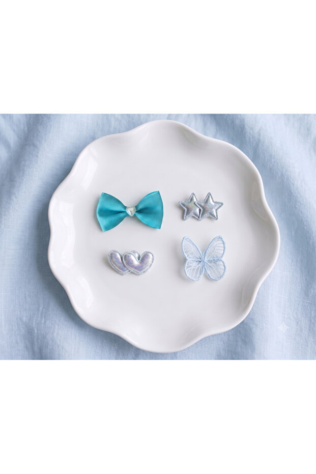 Hairless Baby Hair Clips Set of 4 - Blue Set with Bow & Butterfly Heart Star Figures