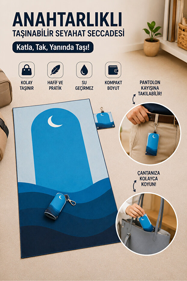 Portable Foldable Waterproof Travel Pocket Prayer Mat with Keychain - Blue