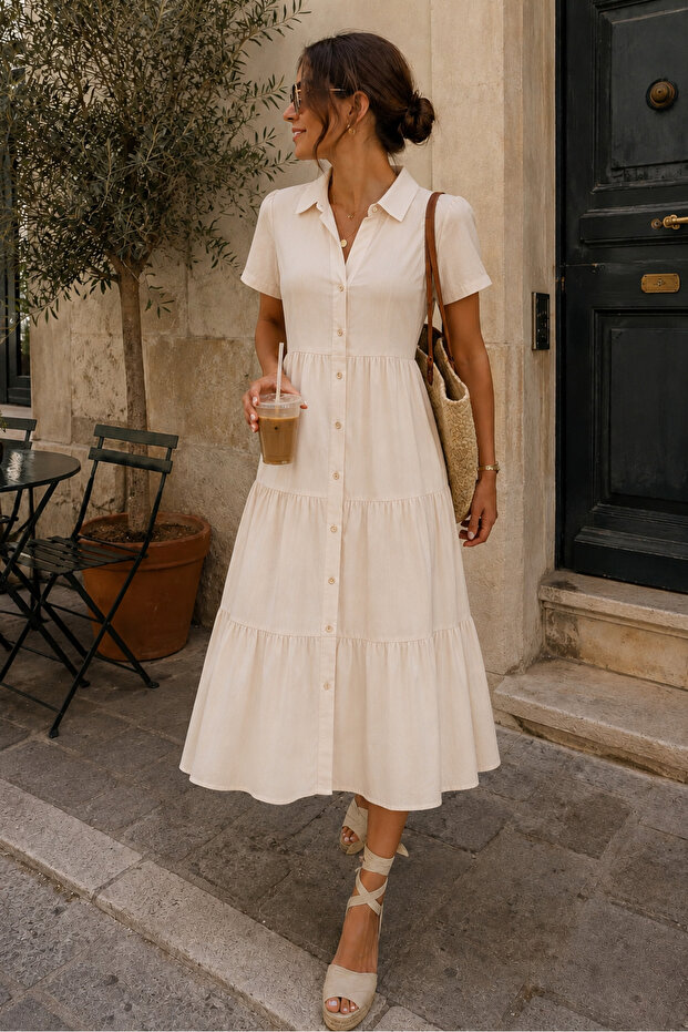 Beige Shirt Collar Long Dress MG1853