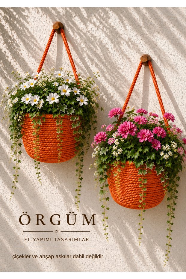 Basket Mini Decorative Flower Pot 2-Piece Organizer 12X10 cm (Plants and Wooden Hangers Are Not Included)