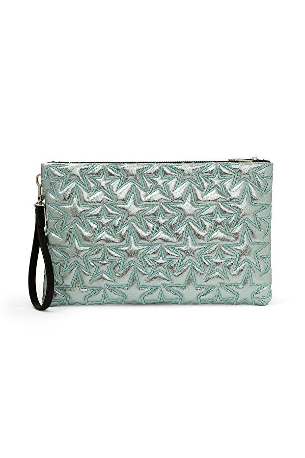 Star Patterned Baby Blue Shiny Portfolio & Clutch Bag with Removable Wrist Strap 30 X 19