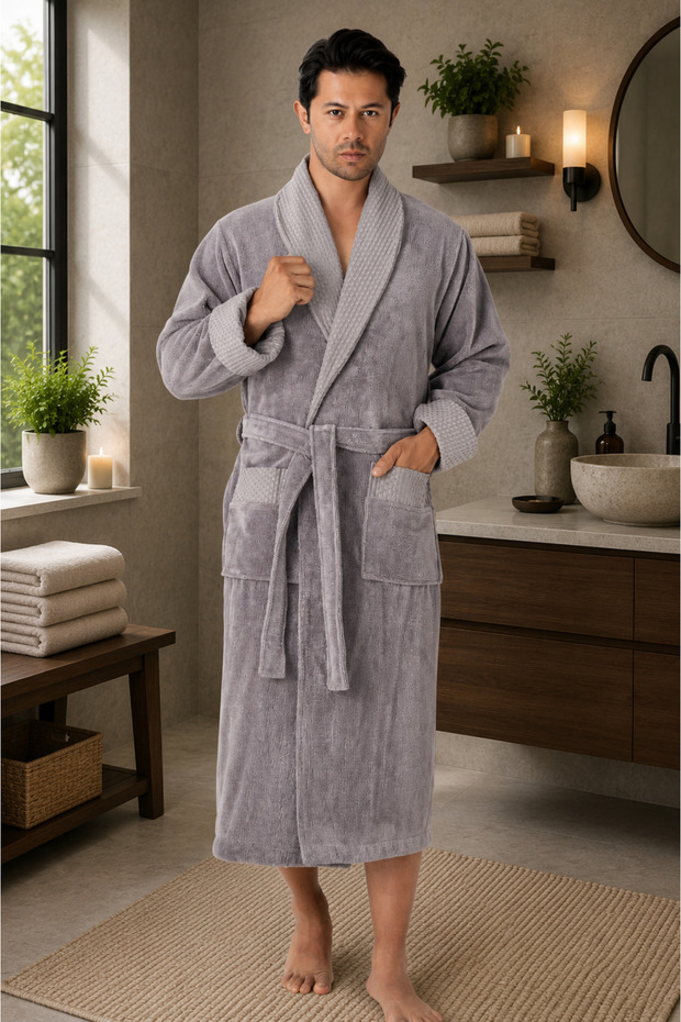 Men's Shawl Collar Square Quilted Bamboo Cotton Soft Absorbent Luxury Bathrobe