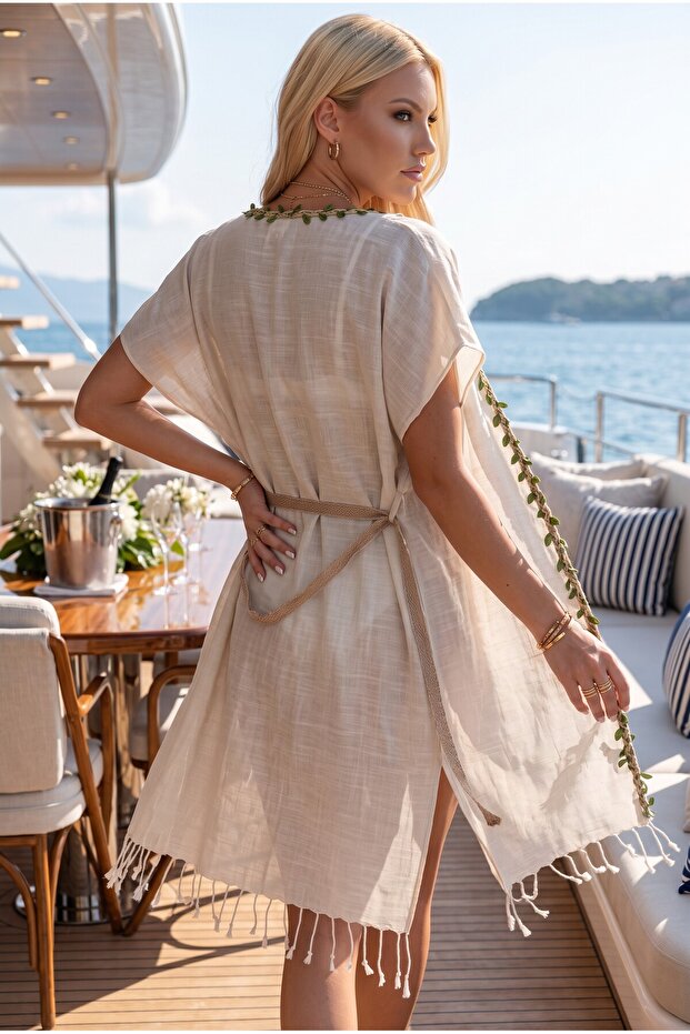 Women's Natural Leaf Piping Linen Pareo