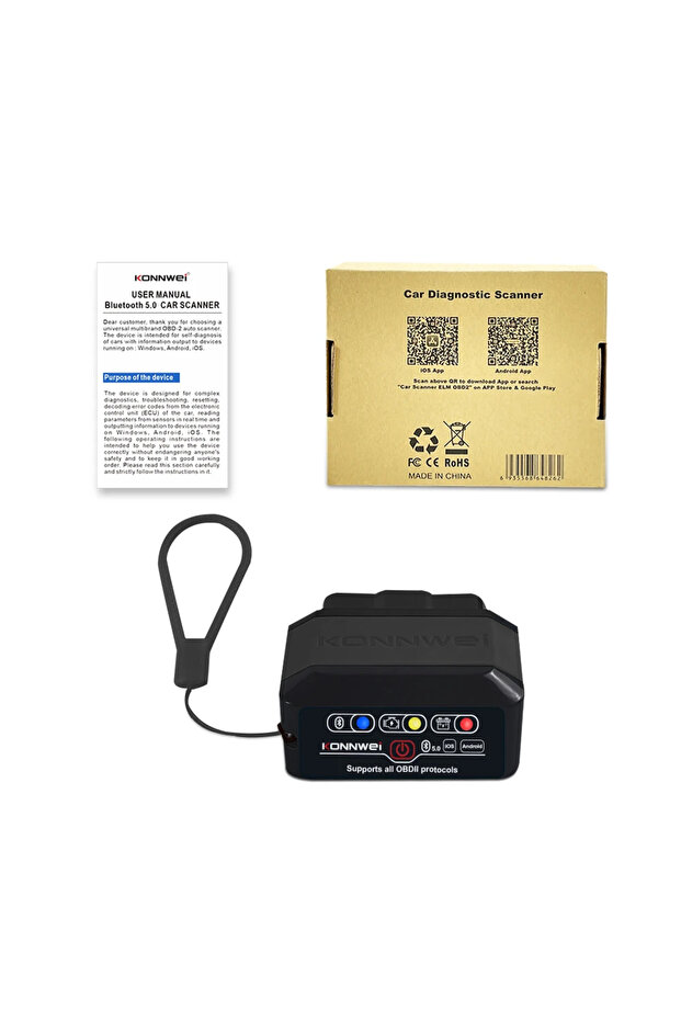 ماسح ضوئي KW905 أسود من KONNWEI، ماسح ELM327 OBD2 بتقنية البلوتوث 5.0، أداة فحص أعطال المحرك، قارئ رموز OBDII