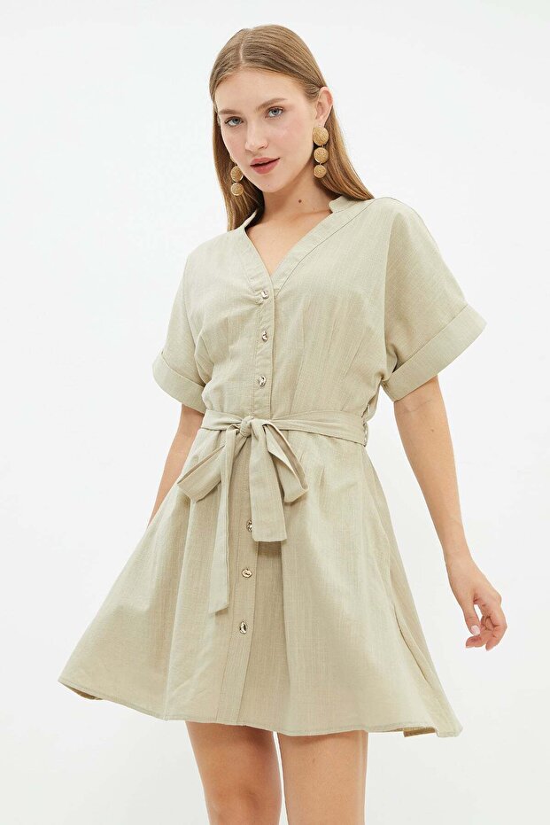 Belted Linen Look Mini Dress