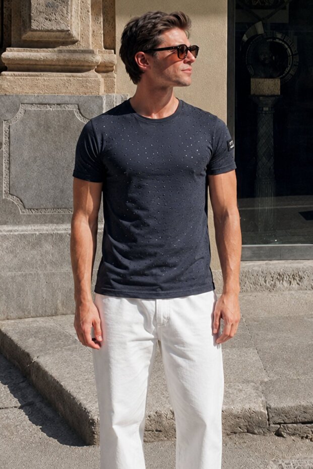 Ripped Detailed Navy Blue T-Shirt 2883