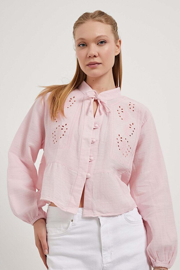 Muslin Blouse with Lace-Up Collar and Button Detail