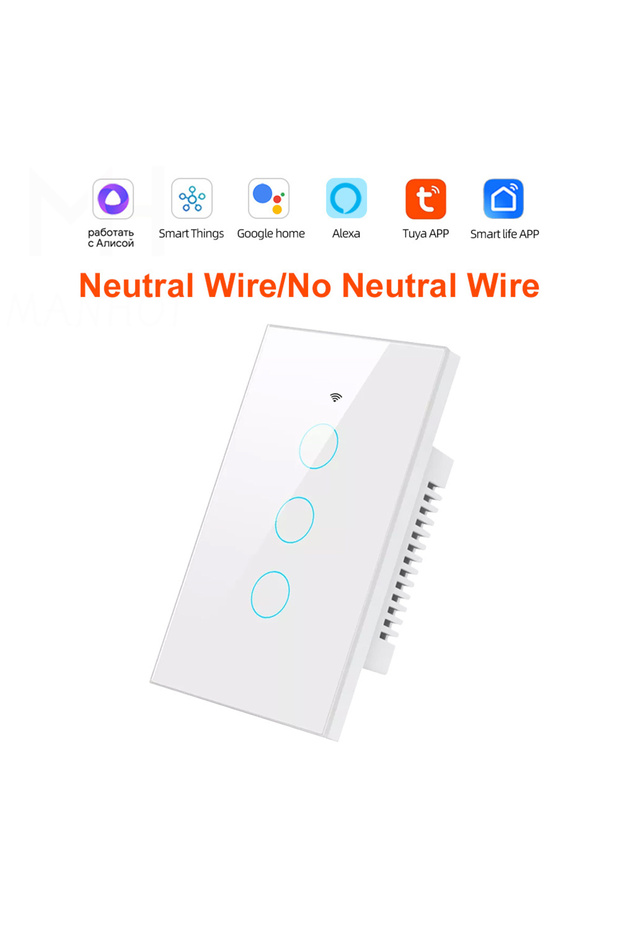 مفتاح إضاءة ذكي باللمس 3Gang (أبيض) بتقنية Tuya Wifi، تحكم لاسلكي عن بعد عبر التطبيق الأمريكي، بدون سلك محايد