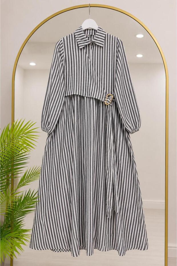 Women's Side Tie Buckle Detailed Striped Dress -0550