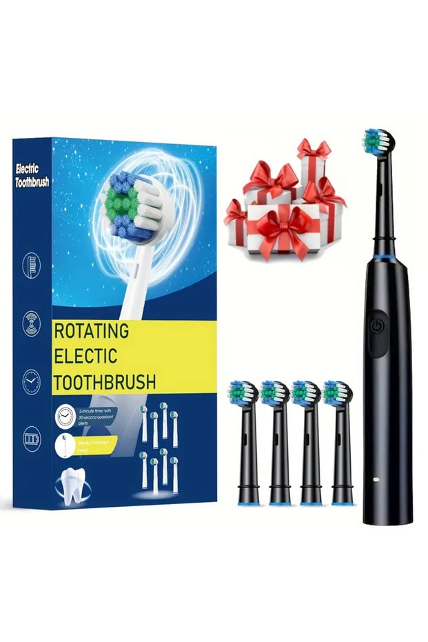 Black 4 Heads Electric Toothbrush Rotary Rechargeable Electric Toothbrush for Adults Rotating Electr