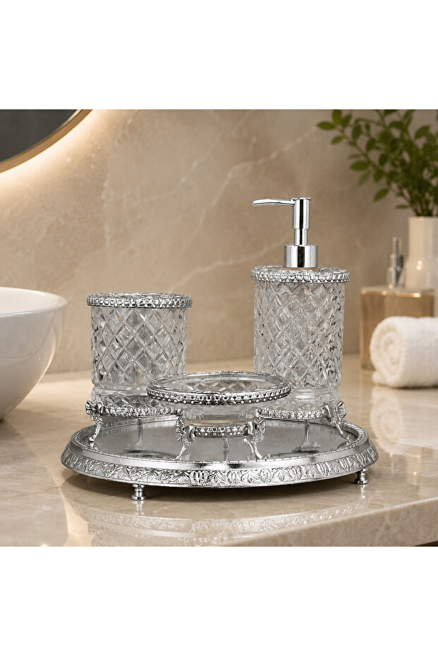 طقم حمام كريستال موديل دوكوم مع صينية مرآة 4 قطع (حامل فرشاة أسنان - موزع صابون سائل - موزع صابون صلب)