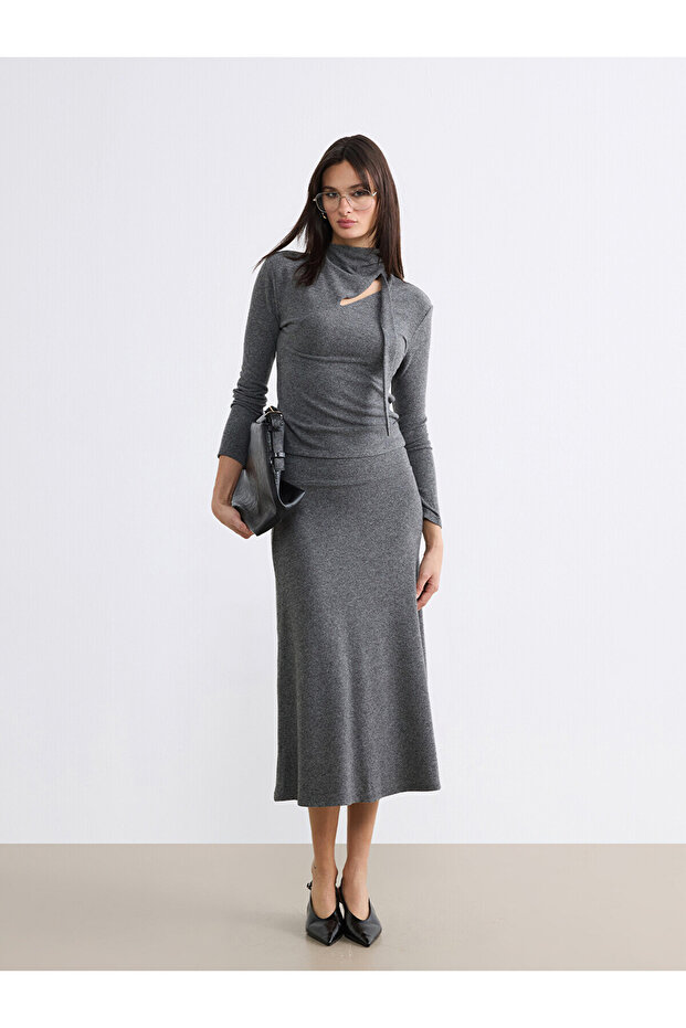 Anthracite Elastic Waist A-Line Knit Skirt