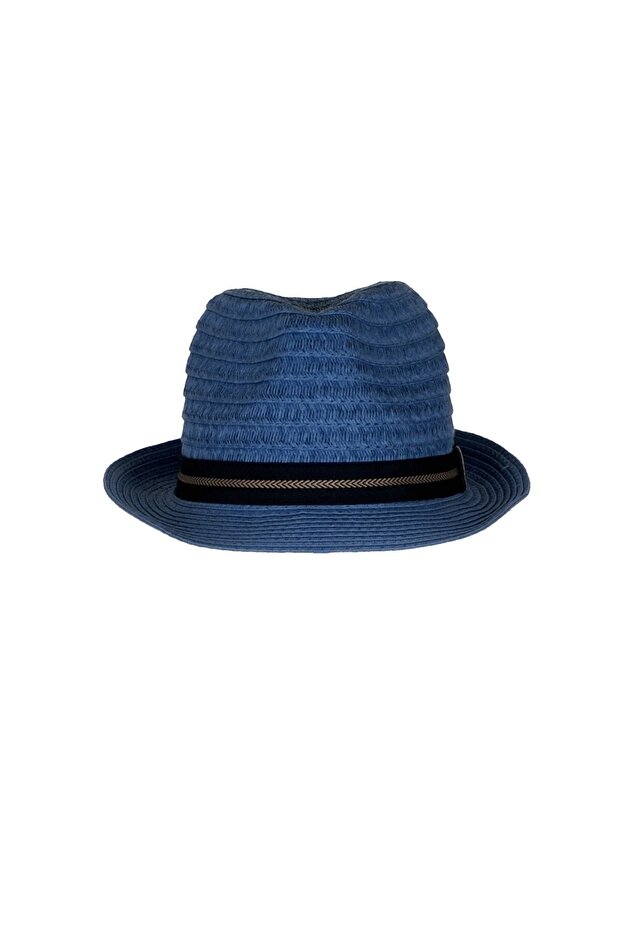 Premium 100% Paper Rope Blue Fedora Hat - Classic Summer Hat with Straw-Look Ribbon Detail