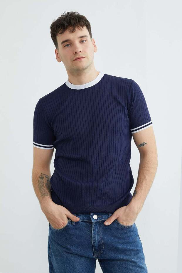 Corded Fabric Piped Crew Neck Knitwear T-Shirt