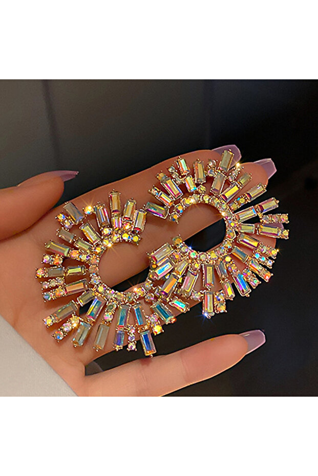 HE4775-1 Luxury Exaggerated Crystal Earrings Large Circle Flower Shiny Rhinestone Stud Earrings for
