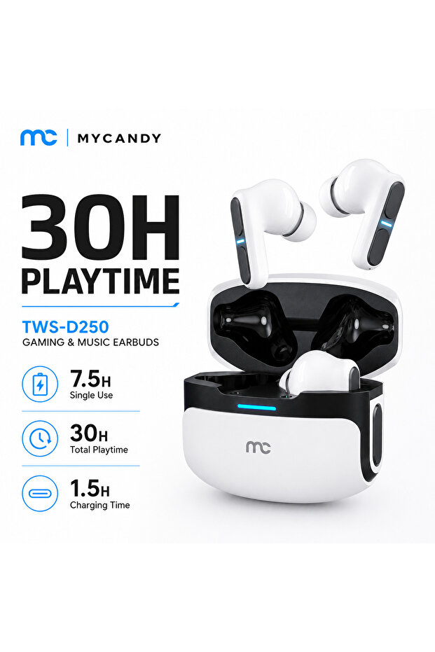 سماعات ألعاب لاسلكية ماي كاندي TWS-D250 بلوتوث 6.0 وبطارية 30 ساعة زمن استجابة 45 ملي ثانية - أبيض