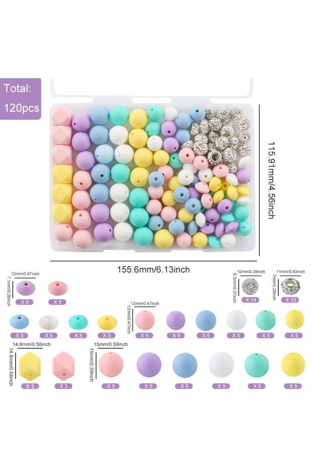 Set 1 Kovict 120Pcs/Box Mix Silicone Beads Loose Rhinestone Spacer Bead DIY Keychain Necklace Bracel